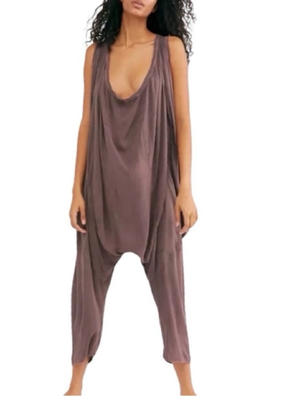 Free People Sleeveless Scoop-Neck Draped Drop-Crotch Jumpsuit - Brown